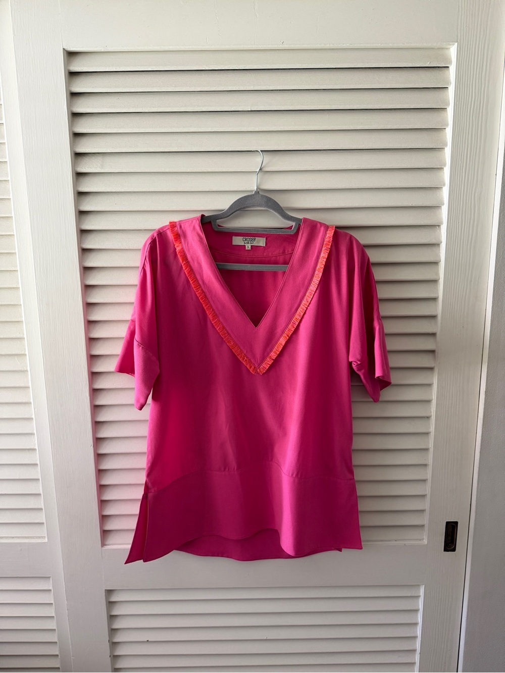 CROSBY by Mollie Burch Fuchsia V-Neck Short Sleeve Blouse with Orange Trim